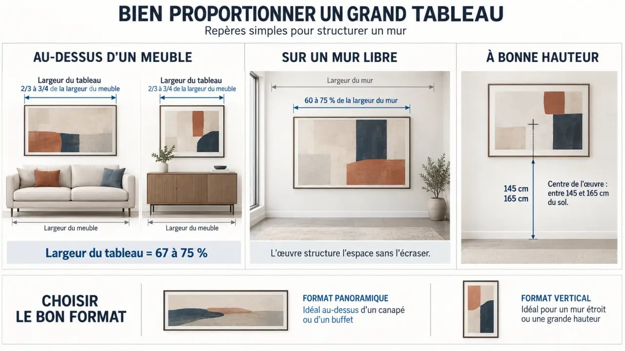 Infographie des proportions et hauteurs pour choisir un grand tableau décoration