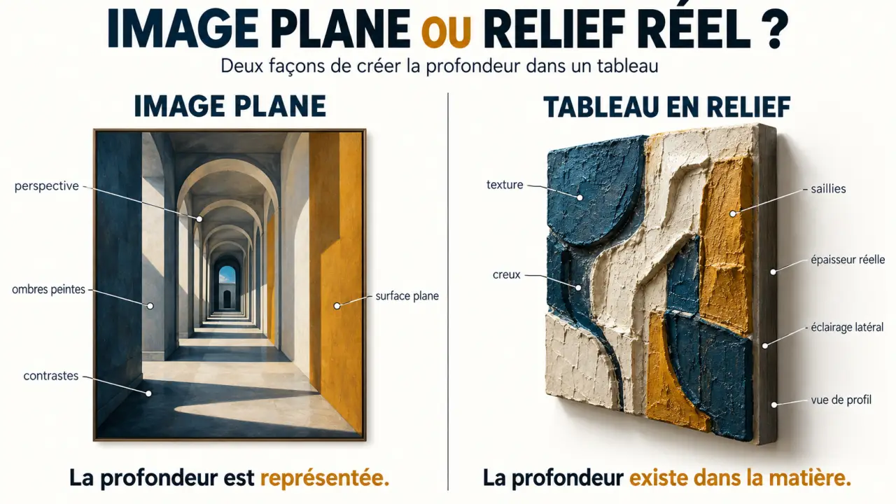 Infographie comparant un tableau en 3D à effet de profondeur et un tableau en relief réel