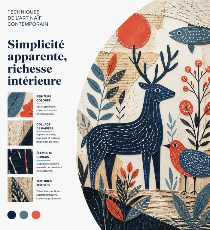 Œuvre en techniques mixtes illustrant la diversité de l’art naïf contemporain