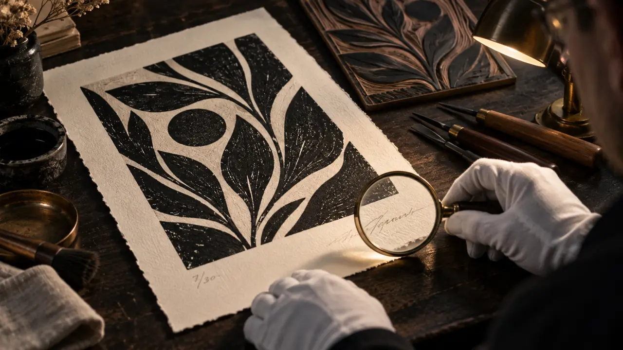 Linogravure signée observée sur une table d'atelier