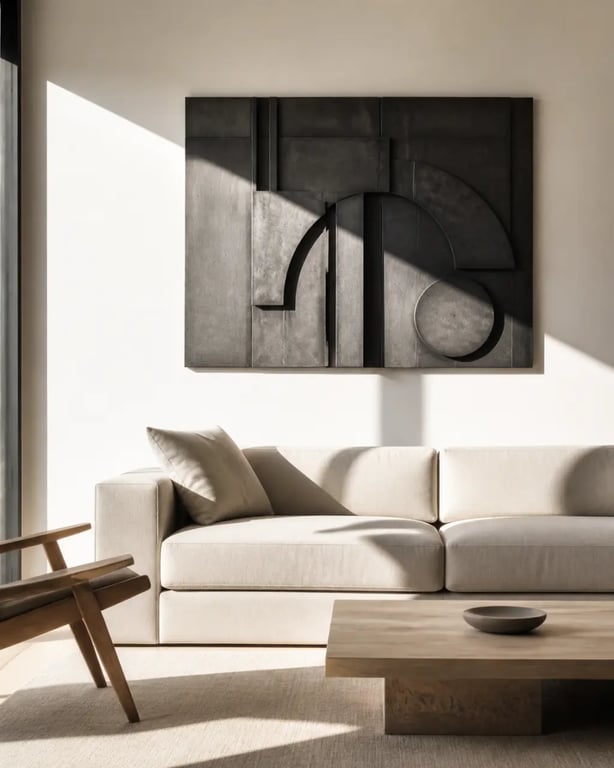 Salon contemporain avec tableau en metal mural en relief au-dessus d’un canapé