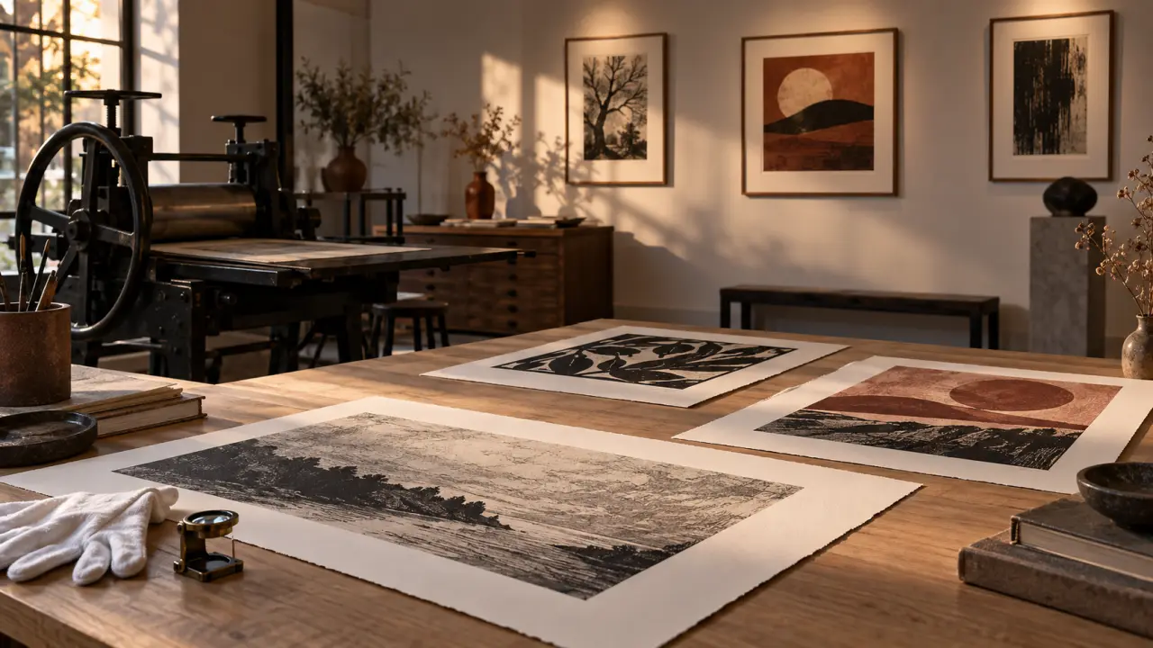 Presse à graver et estampe contemporaine fraîchement imprimée dans un atelier