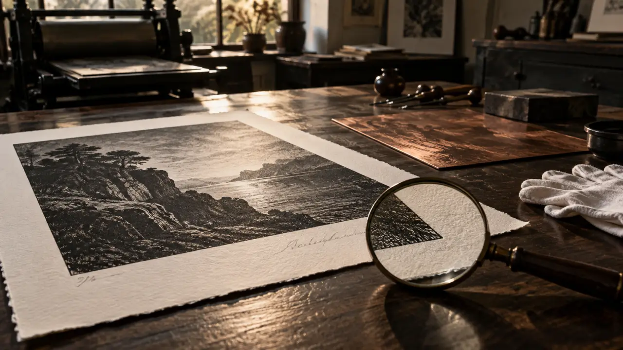 Estampe contemporaine signée au crayon à côté d'une presse de gravure