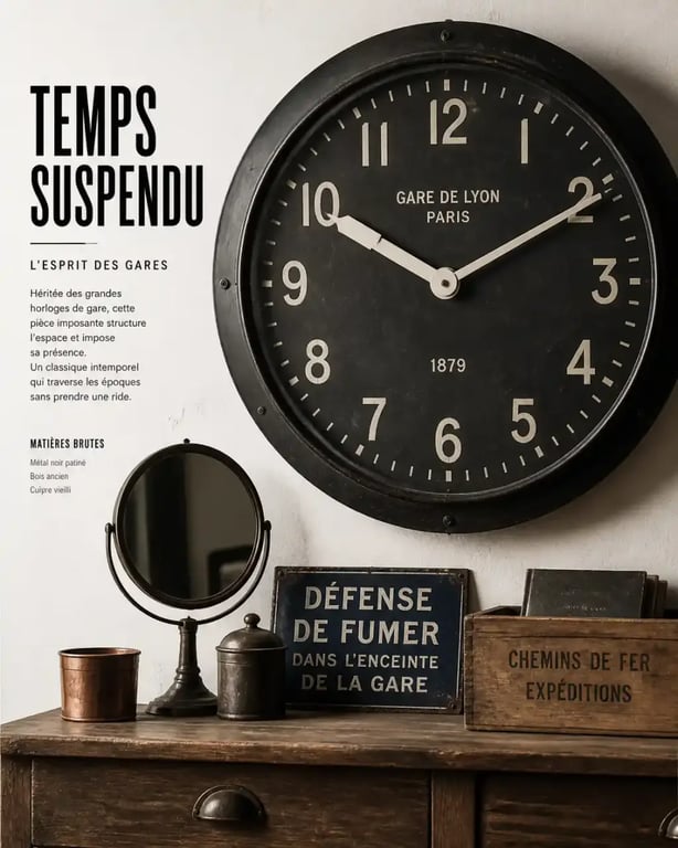 Horloge murale vintage industrielle et objets chinés en déco industrielle