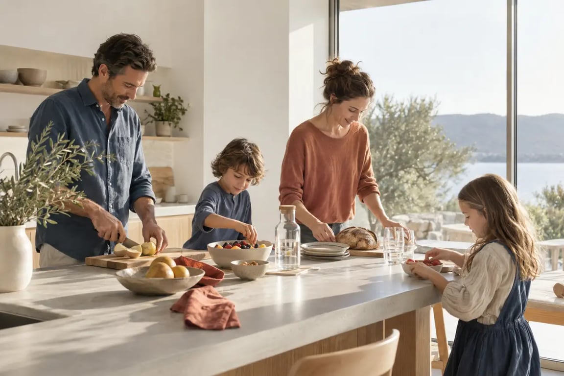 Photo originale d’une famille capturée naturellement pendant un goûter à la maison