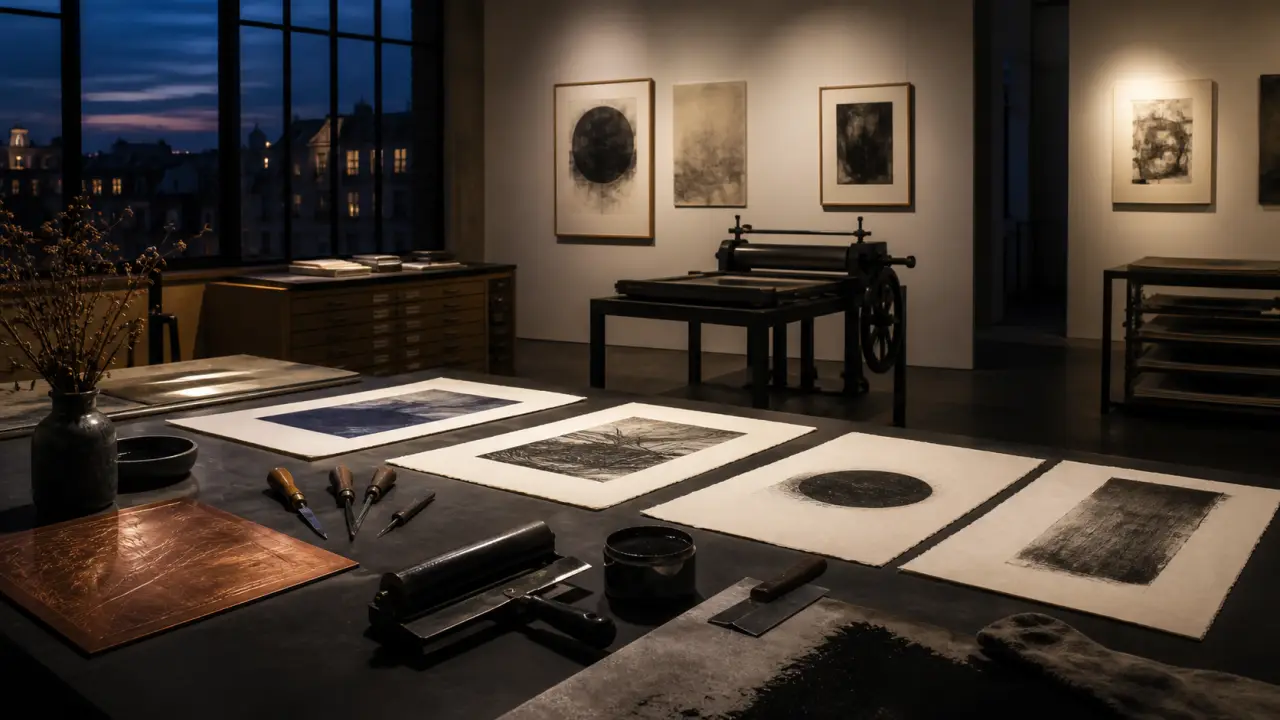 Presse à graver traditionnelle et estampe fraîchement imprimée, éclairage dramatique de studio