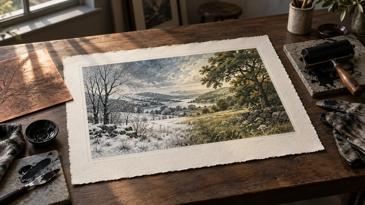 Presse de gravure traditionnelle et tirages d'art représentant des paysages