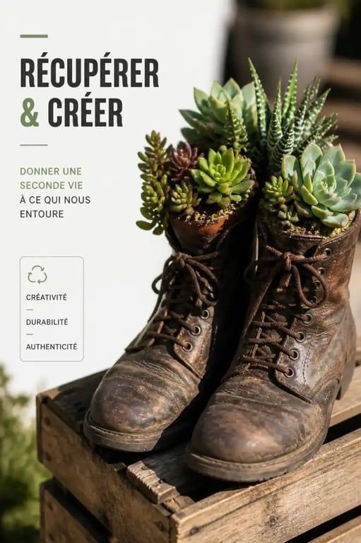 Récupération jardin : bottes usées transformées en jardinières pour succulentes