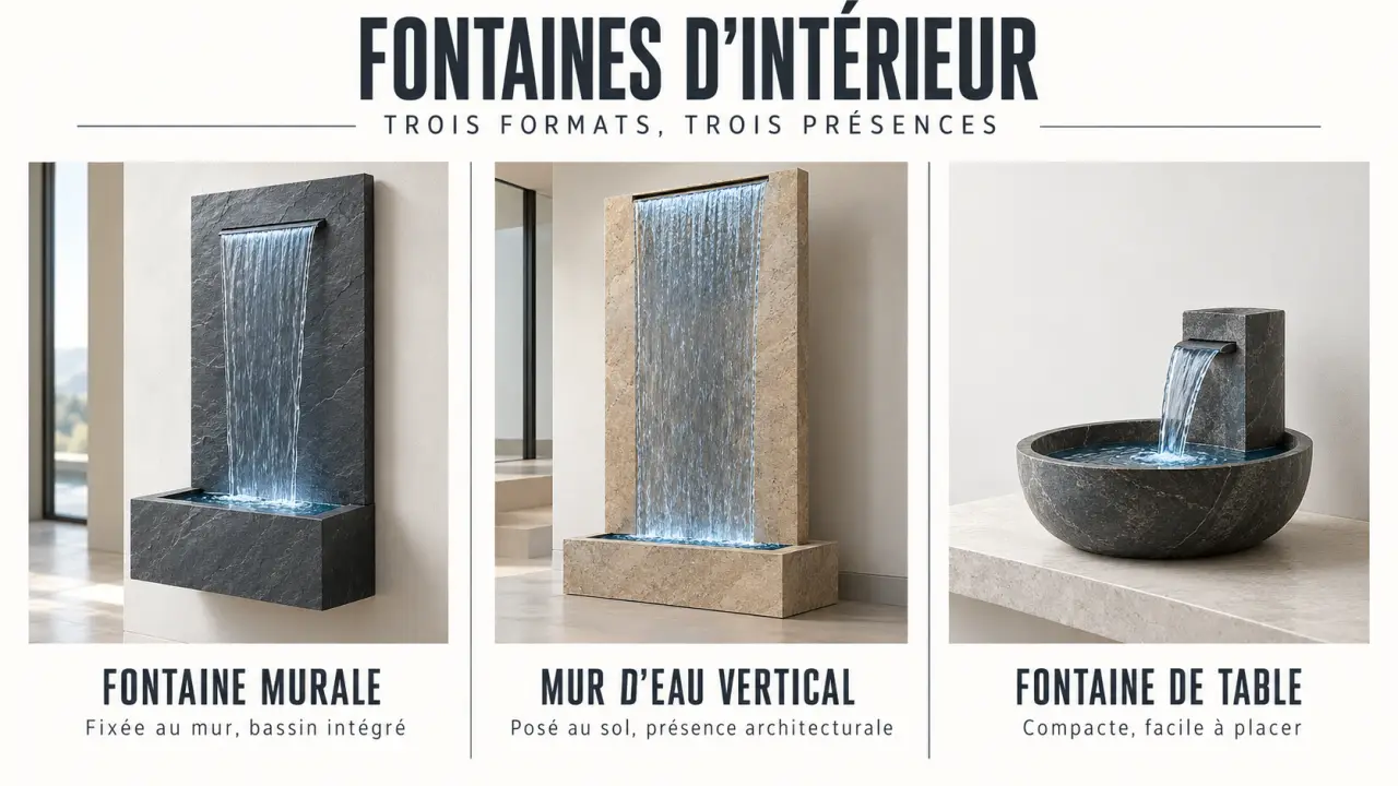 Comparaison visuelle d’une fontaine murale intérieur, d’un mur d’eau et d’une fontaine de table