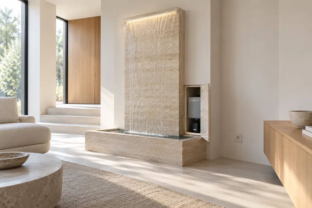 Installation d’une fontaine murale intérieur dans un salon avec espace d’entretien dégagé