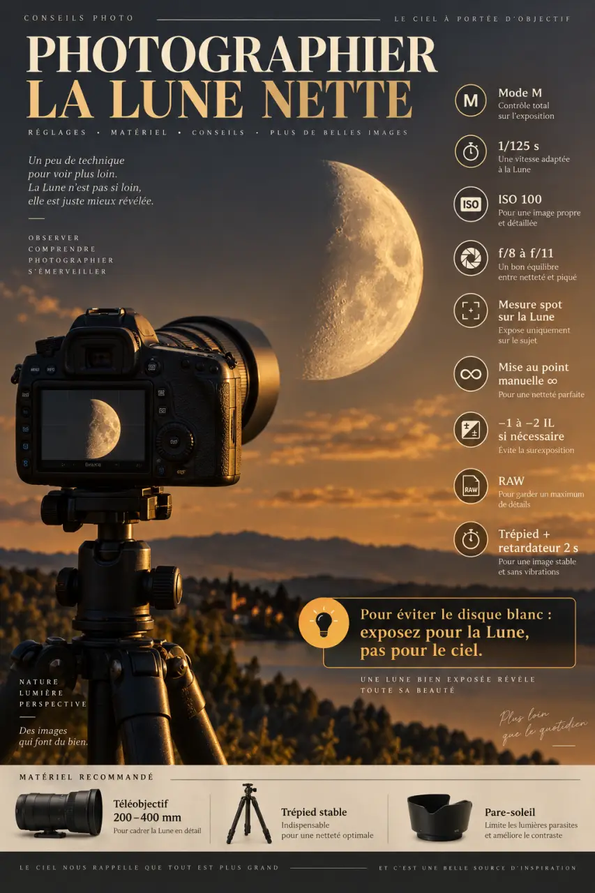 Photographier la Lune nette : 1/125 s, ISO 100 et les réglages qui évitent le disque blanc