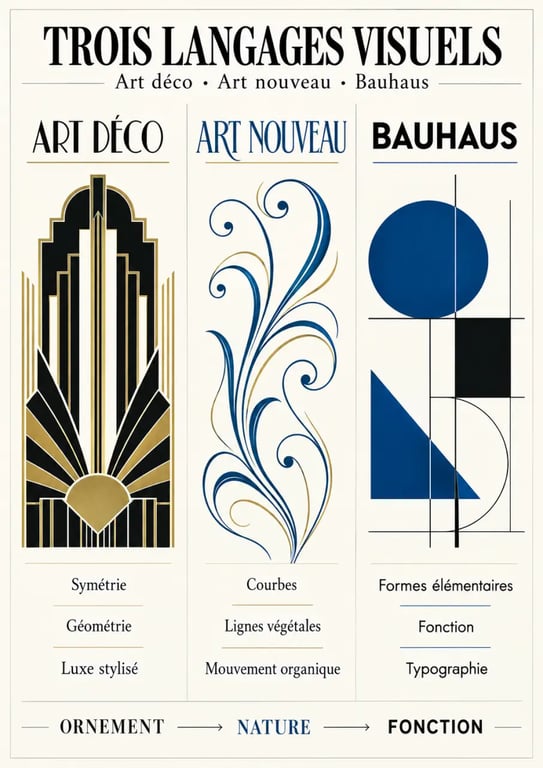 Affiche art deco comparée aux styles Art nouveau et Bauhaus