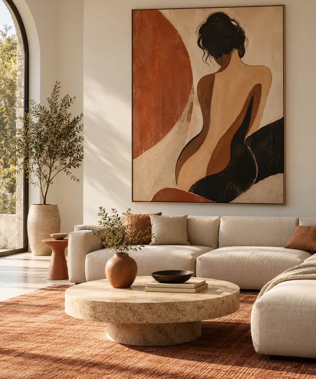Tableau femme sensuelle installé dans un salon contemporain au-dessus d’un canapé