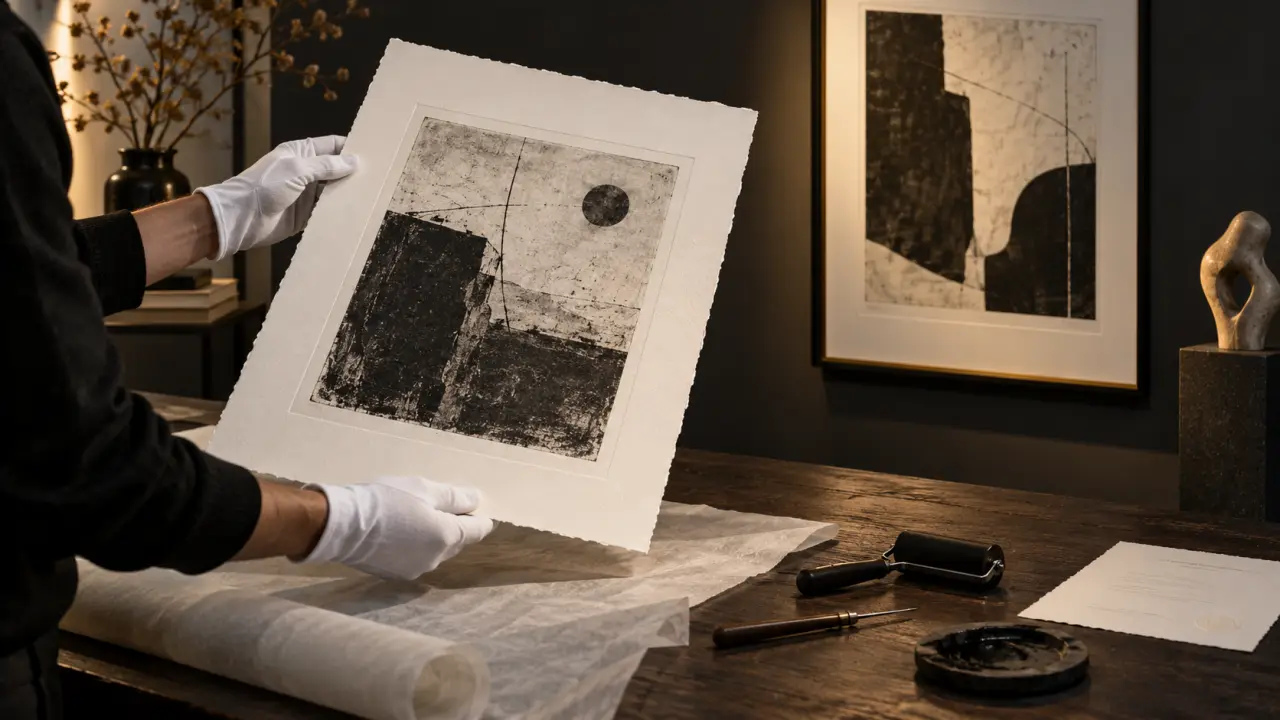 Presse à graver et estampe contemporaine fraîchement imprimée dans un atelier