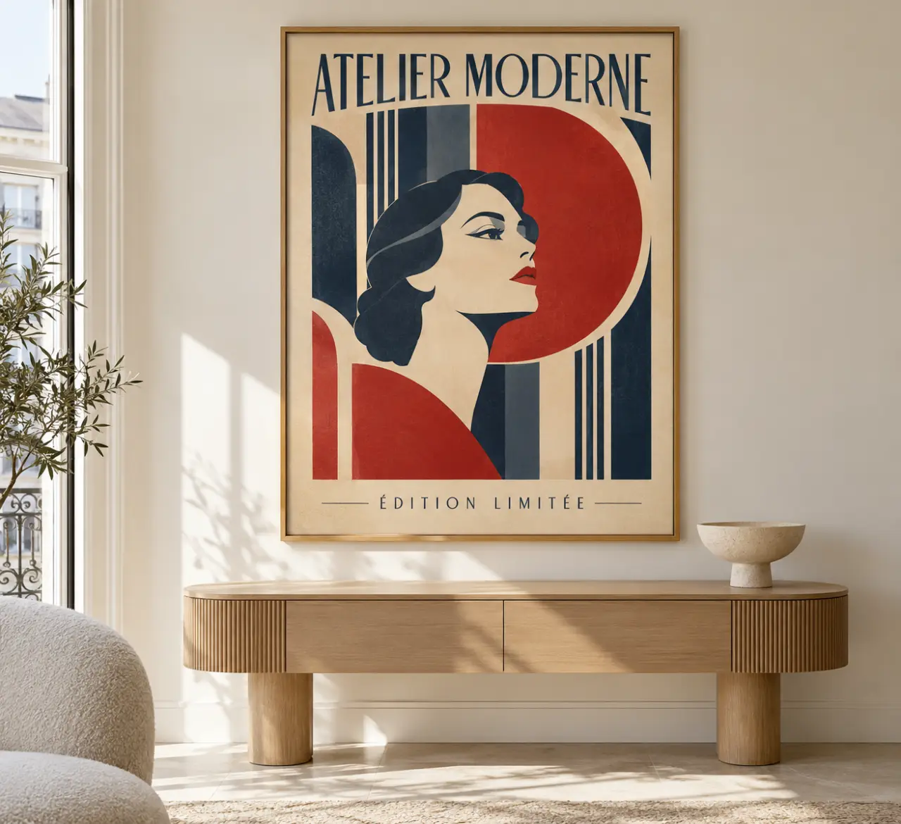 Affiche publicitaire vintage encadrée dans un salon contemporain