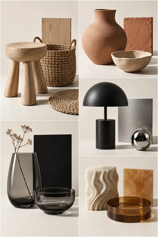 Associations de matières pour choisir des objets déco en bois, céramique, métal, verre et fibres naturelles