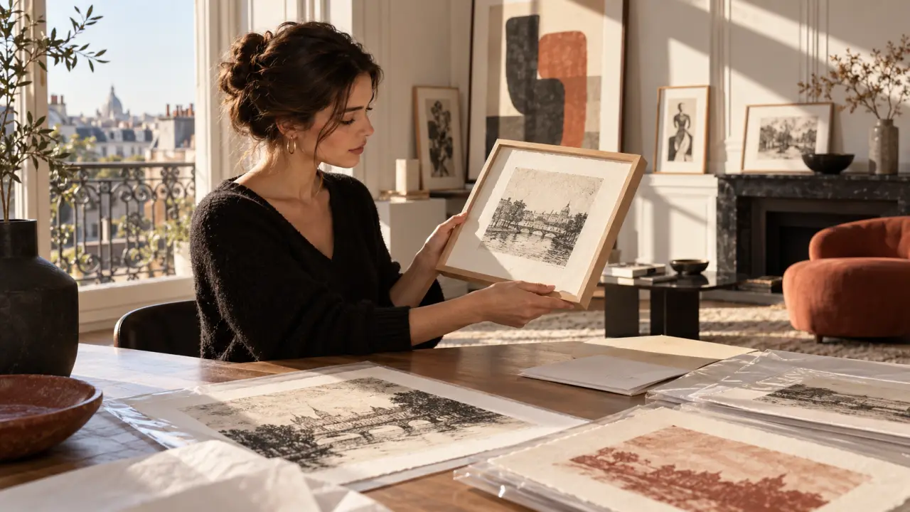 Estampe contemporaine posée près d'une presse de gravure traditionnelle