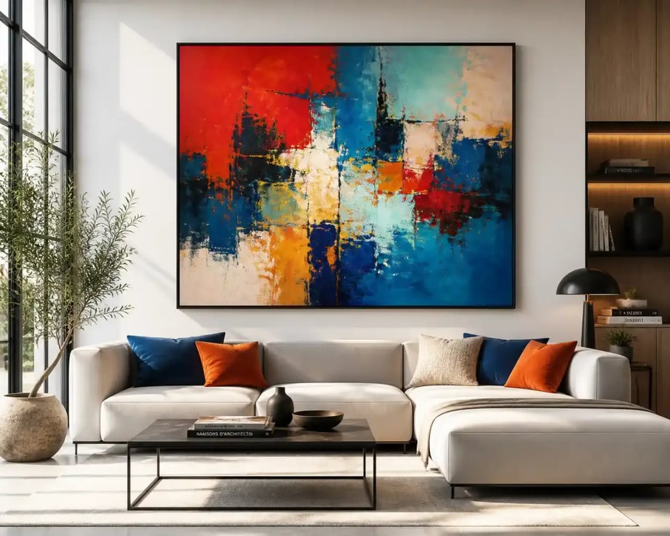 Salon contemporain décoré avec des tableaux modernes colorés pour une ambiance vibrante
