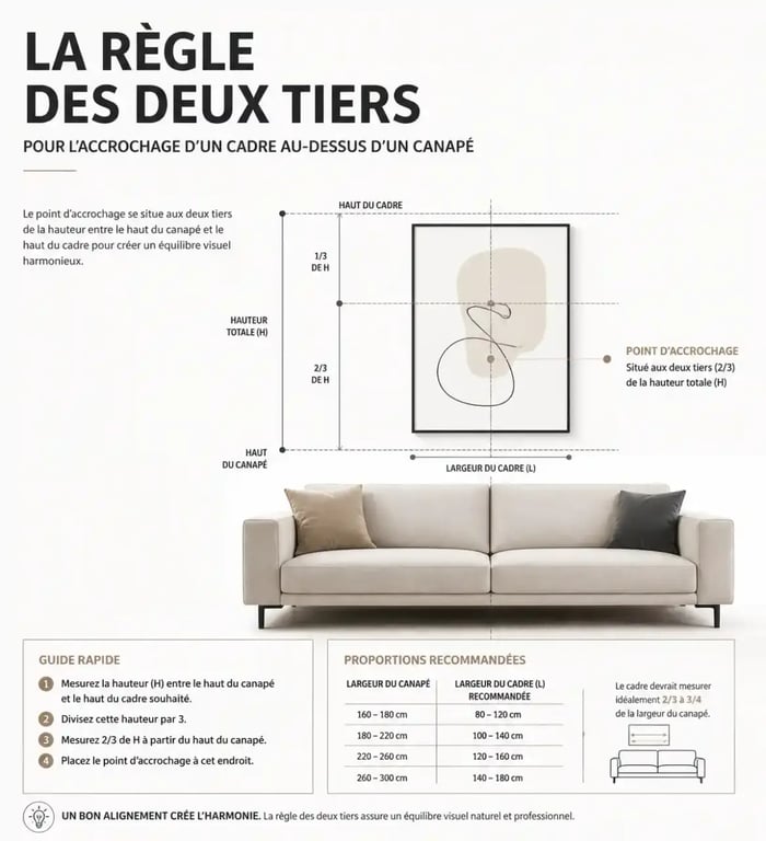 Schéma illustrant la règle des deux tiers pour choisir la taille d'un cadre deco salon