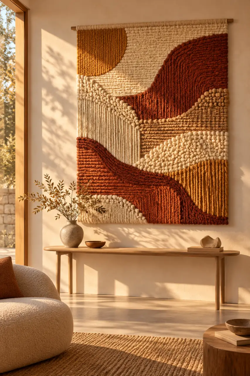 Un tableau en laine habille un mur sans alourdir la pièce