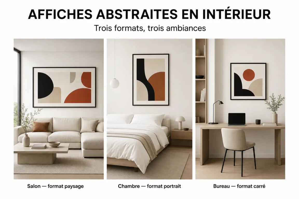 Affiche art abstrait dans un salon, une chambre et un bureau pour comparer l’effet décoratif selon la pièce