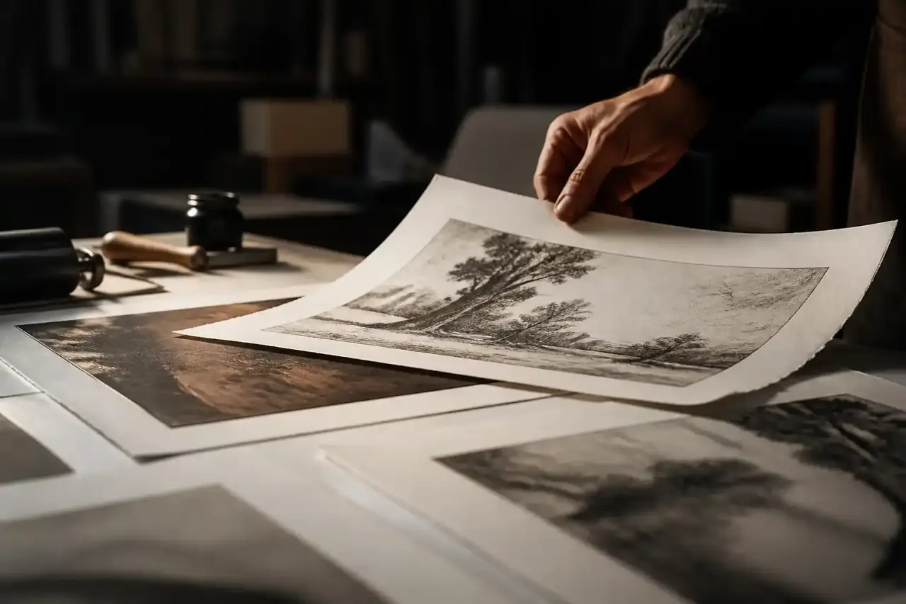Presse à graver traditionnelle et estampe fraîchement imprimée, éclairage dramatique de studio