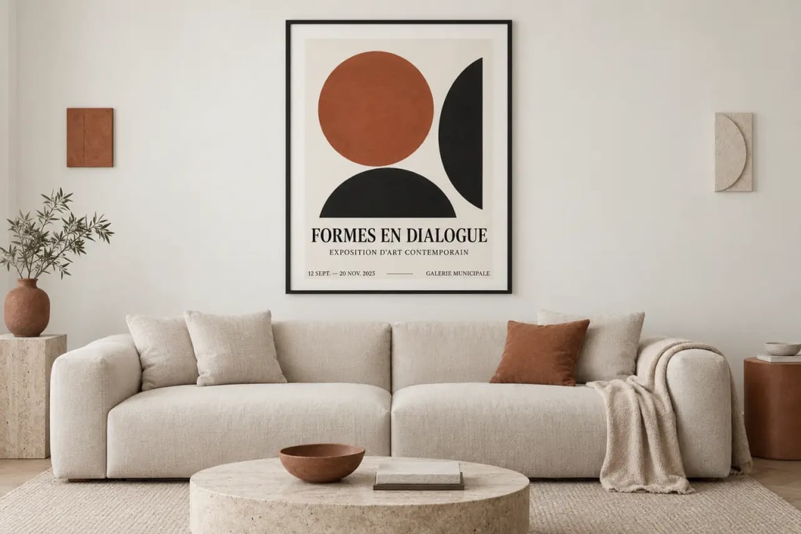 Affiche d’exposition d’art encadrée et intégrée dans une décoration intérieure