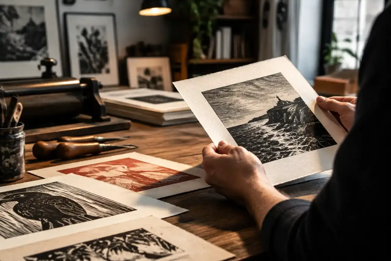 Presse de gravure traditionnelle et tirages d'art