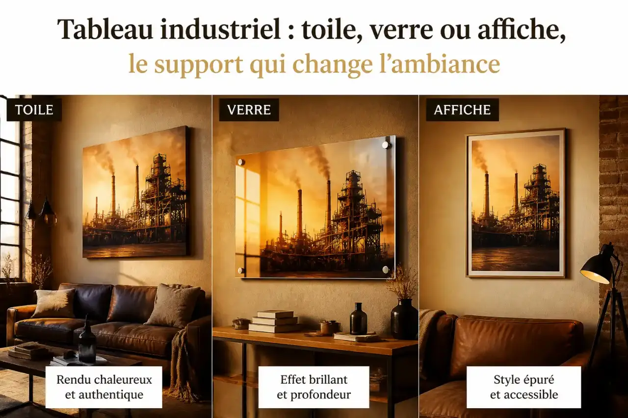 Tableau industriel : toile, verre ou affiche, le support qui change l’ambiance