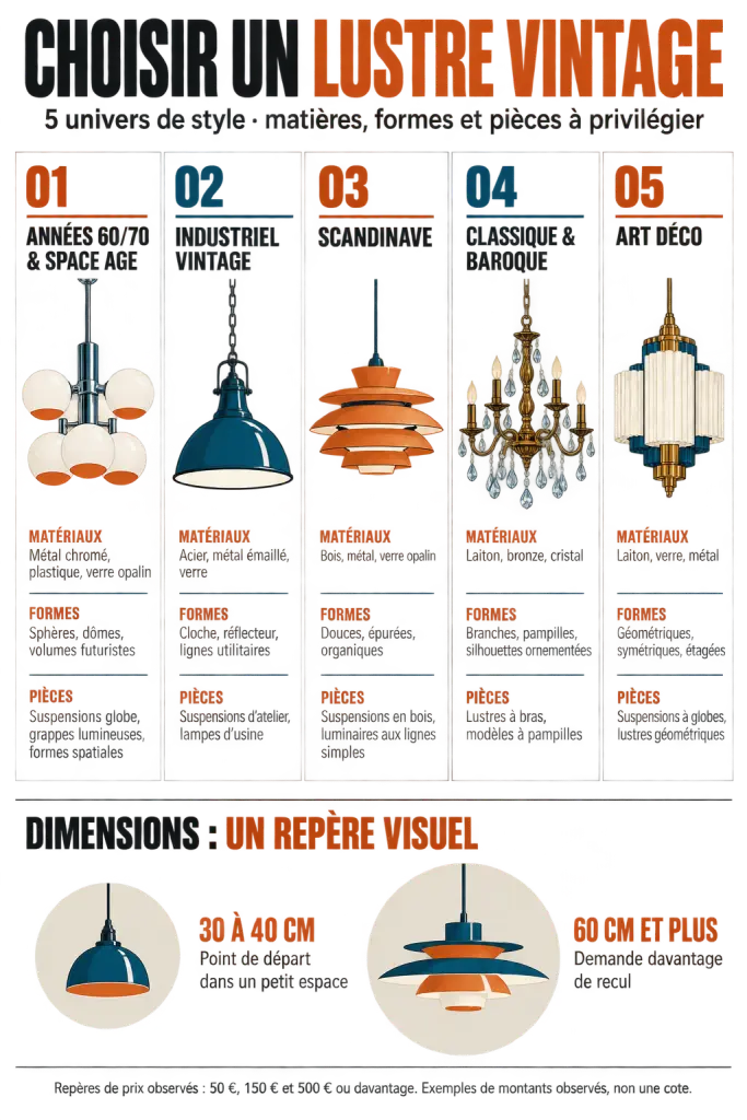 Infographie pour choisir un lustre vintage selon le style, les matériaux, la pièce et les dimensions