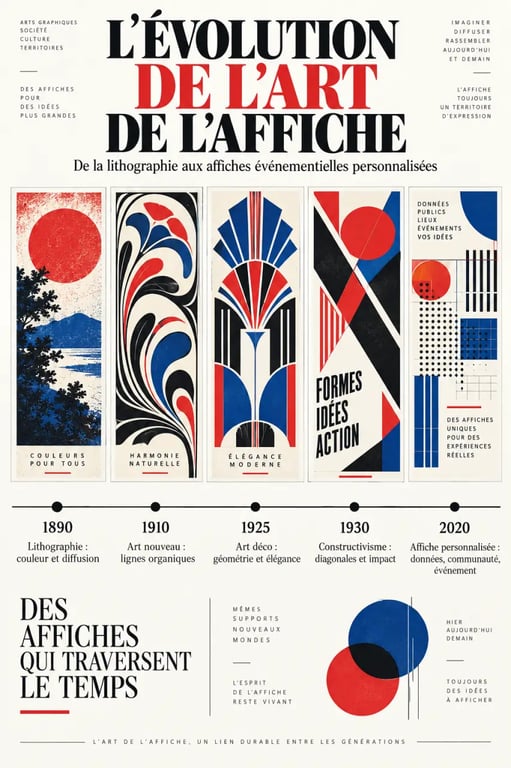 Infographie sur l’art de l’affiche et son évolution de la lithographie aux créations personnalisées