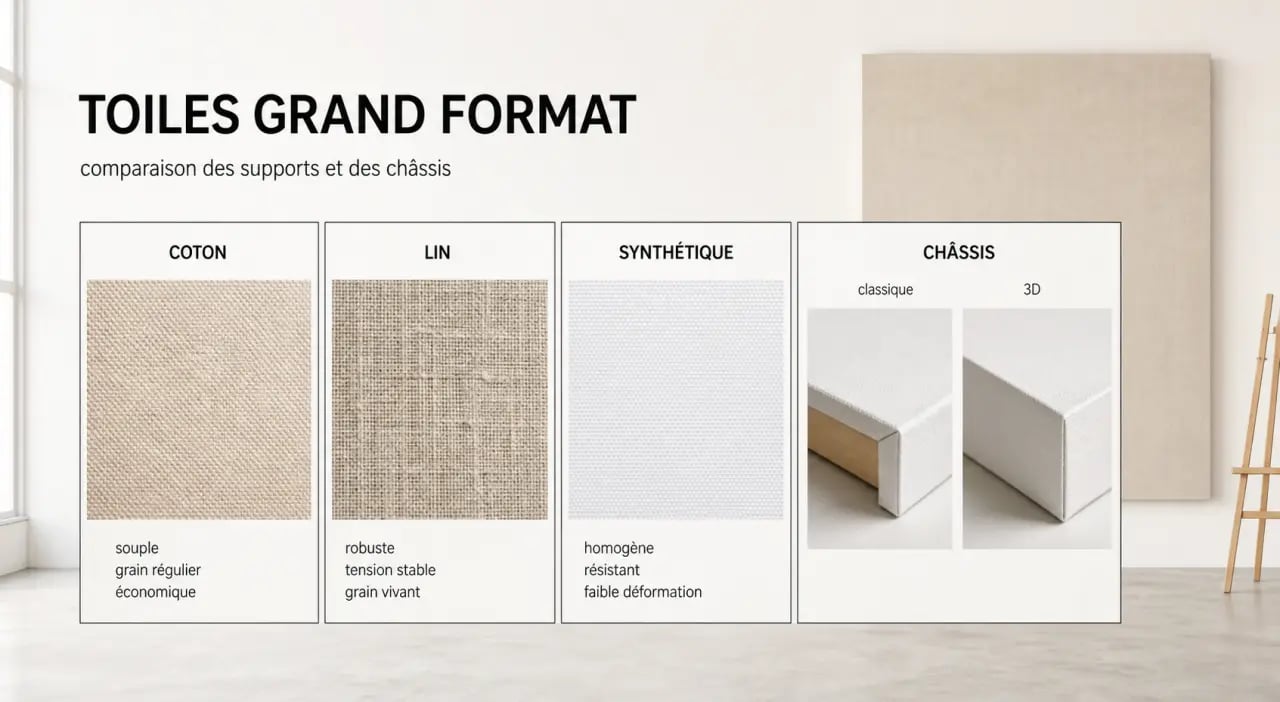 Comparatif des toiles peinture grand format en coton, lin et synthétique avec châssis classique et 3D