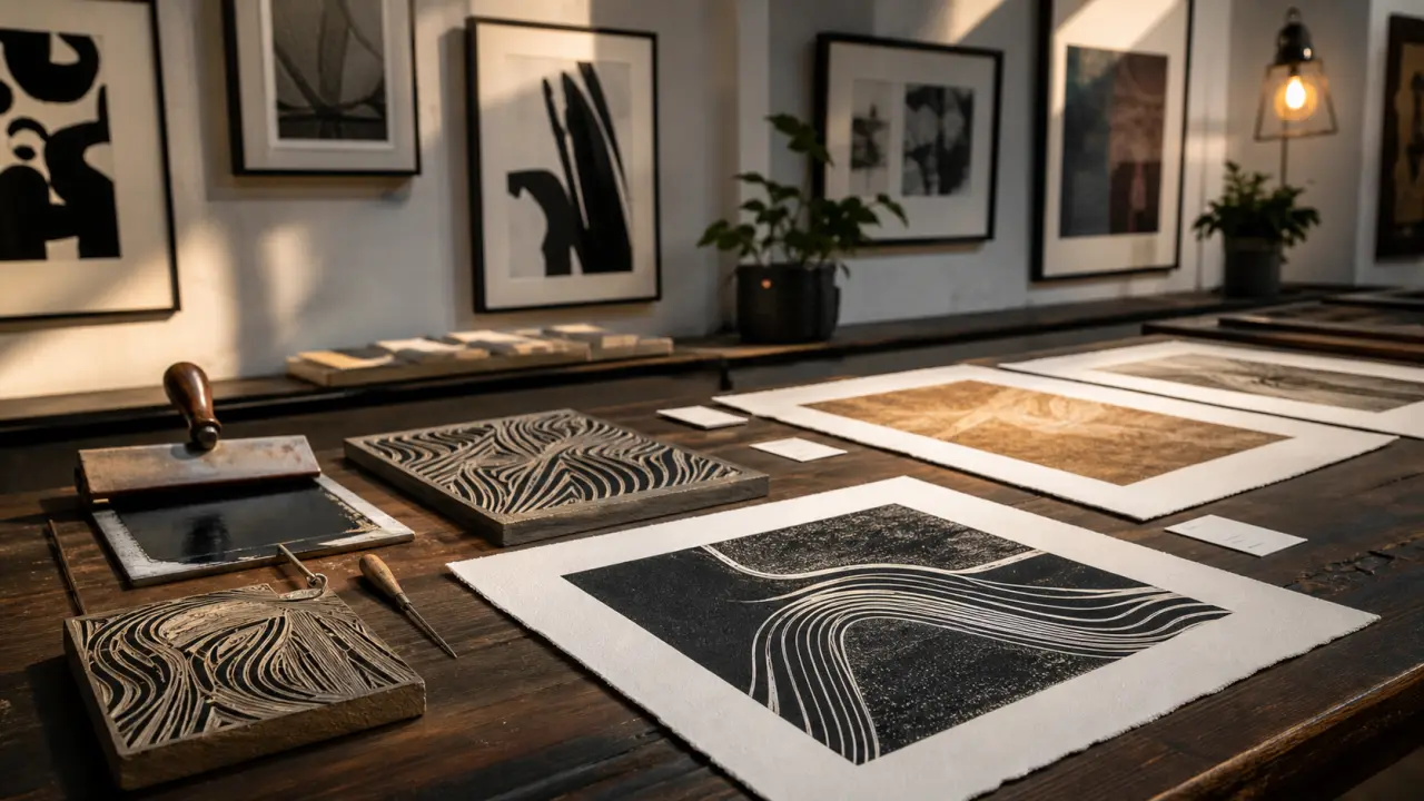 Presse de gravure traditionnelle et estampe fraîchement imprimée