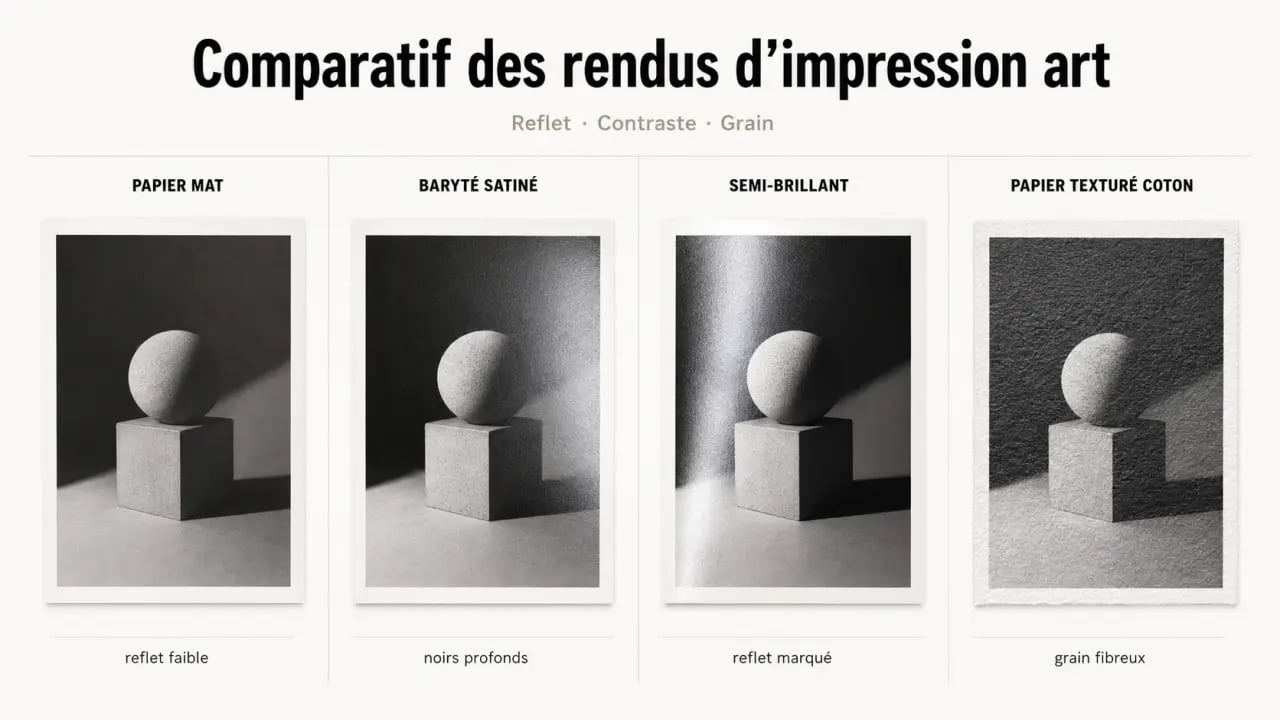 Comparaison des rendus d’impression art sur papier mat, baryté satiné, semi-brillant et texturé coton