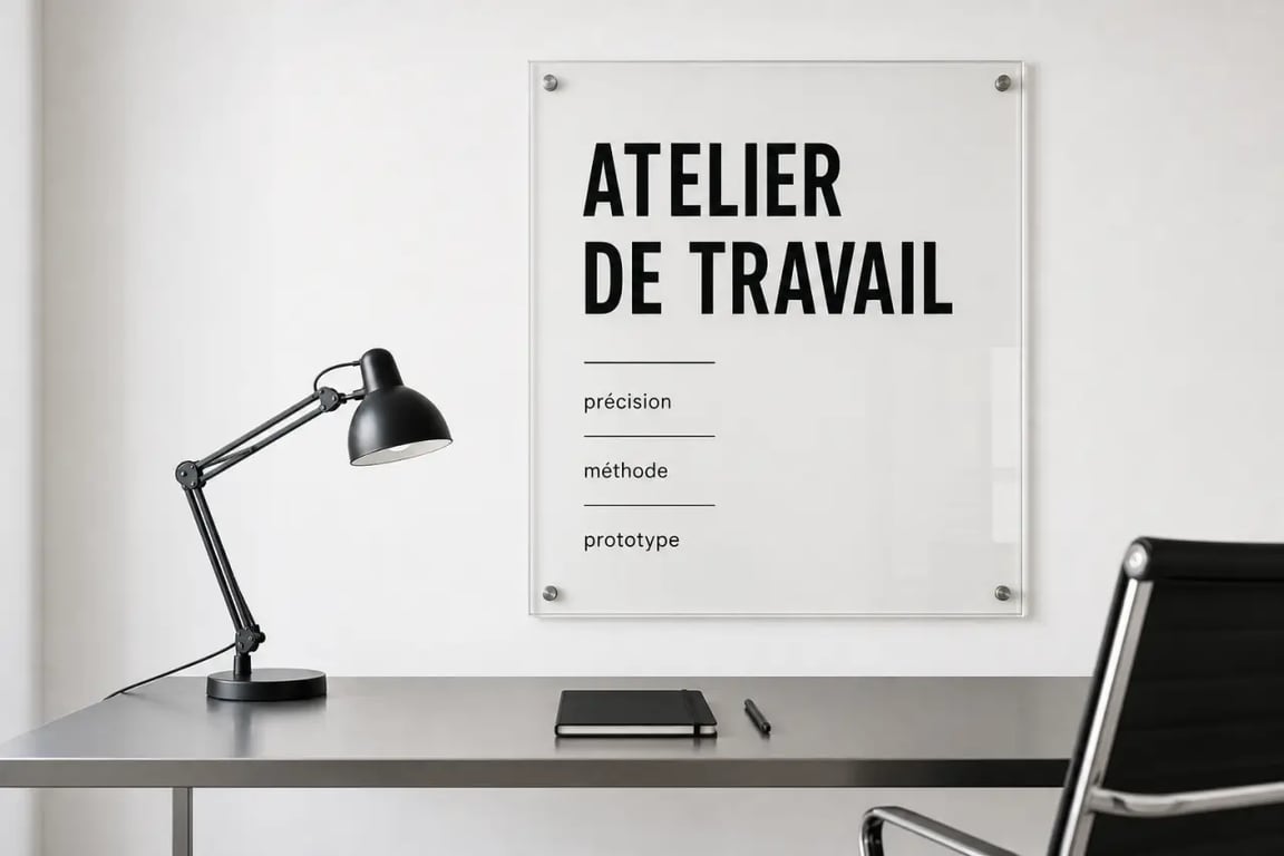 Tableau industriel dans un bureau contemporain avec affiche encadrée et mobilier métallique