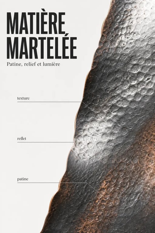 Gros plan d’un tableau en metal montrant relief, patine et reflets