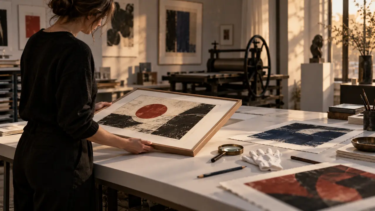 Presse à graver et estampe contemporaine fraîchement imprimée dans un atelier