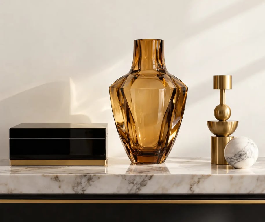 Objets Art déco en verre, bois laqué, métal et marbre avec détails de matières