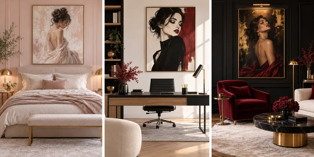 Tableau femme sensuelle en situation dans une chambre, un bureau et un salon