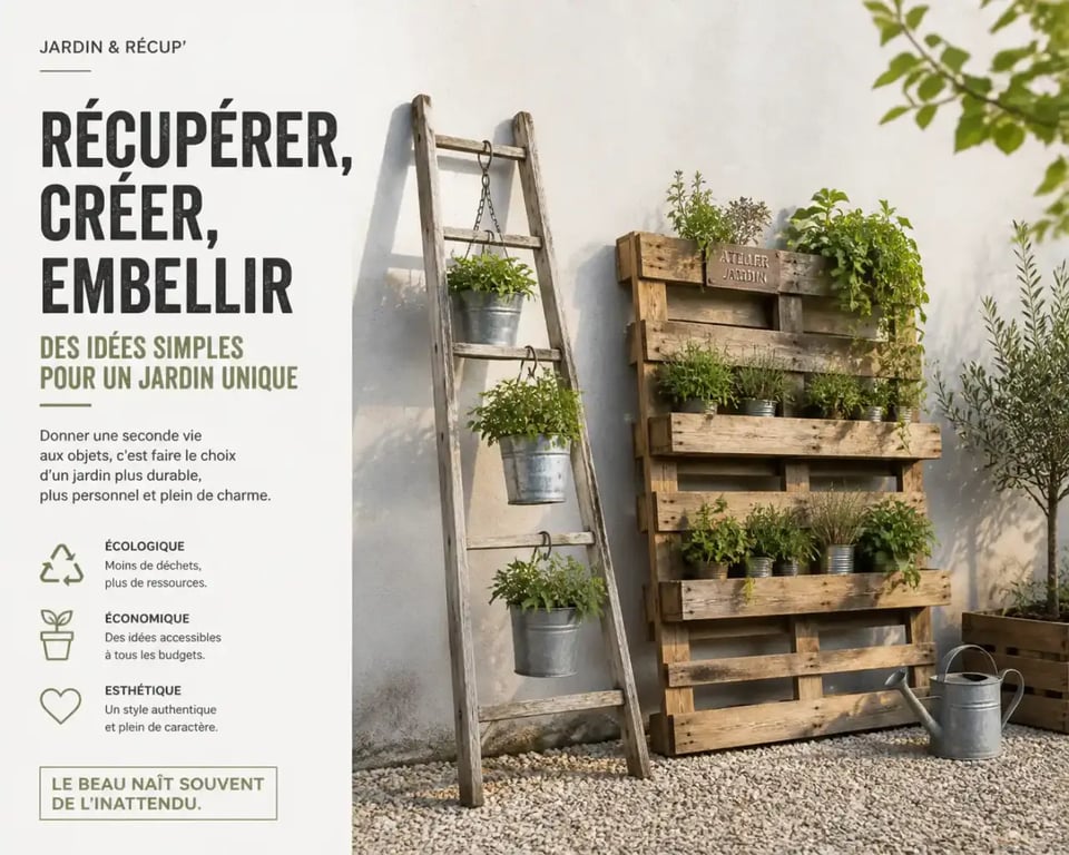 Idées déco jardin avec objets simples : échelle en bois et palette recyclée en jardinières