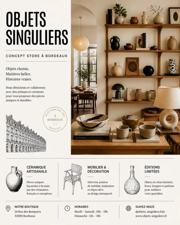 Ambiance intérieure du concept store Ømm à Bordeaux avec des objets de décoration uniques