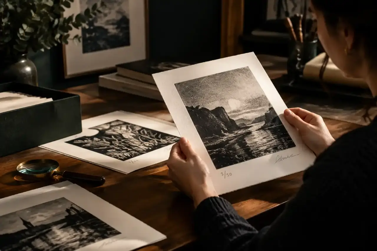 Estampe contemporaine signée posée sur un papier d’archive