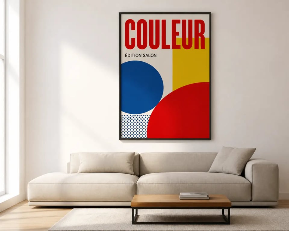 Affiche pop art colorée dans un salon contemporain au-dessus d’un canapé sobre