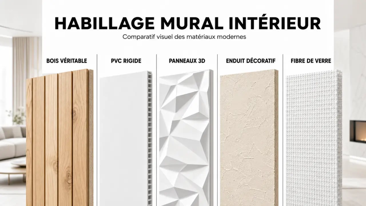 Habillage mur interieur moderne : comparaison des matériaux bois, PVC, panneaux 3D, enduit décoratif et fibre de verre