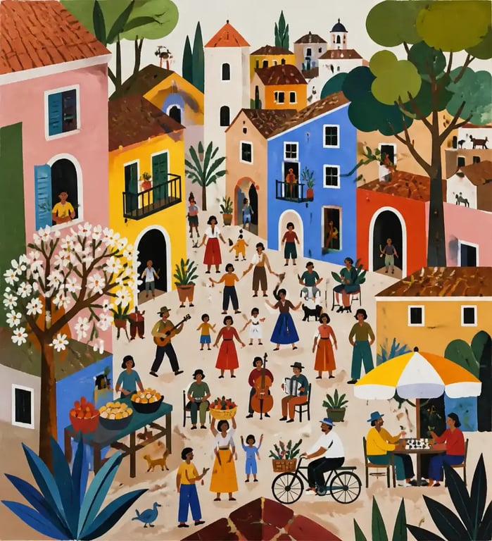 Peinture d’art naïf contemporain aux couleurs franches et à la perspective non académique