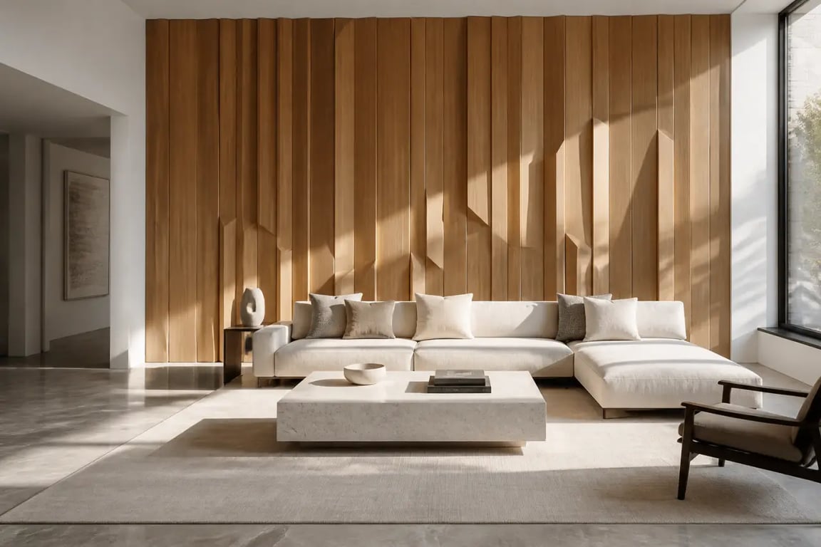 Habillage mur interieur moderne en panneaux bois 3D dans un salon contemporain