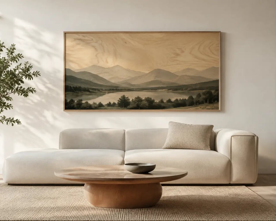Tableau en bois décoration représentant un paysage au-dessus d’un canapé