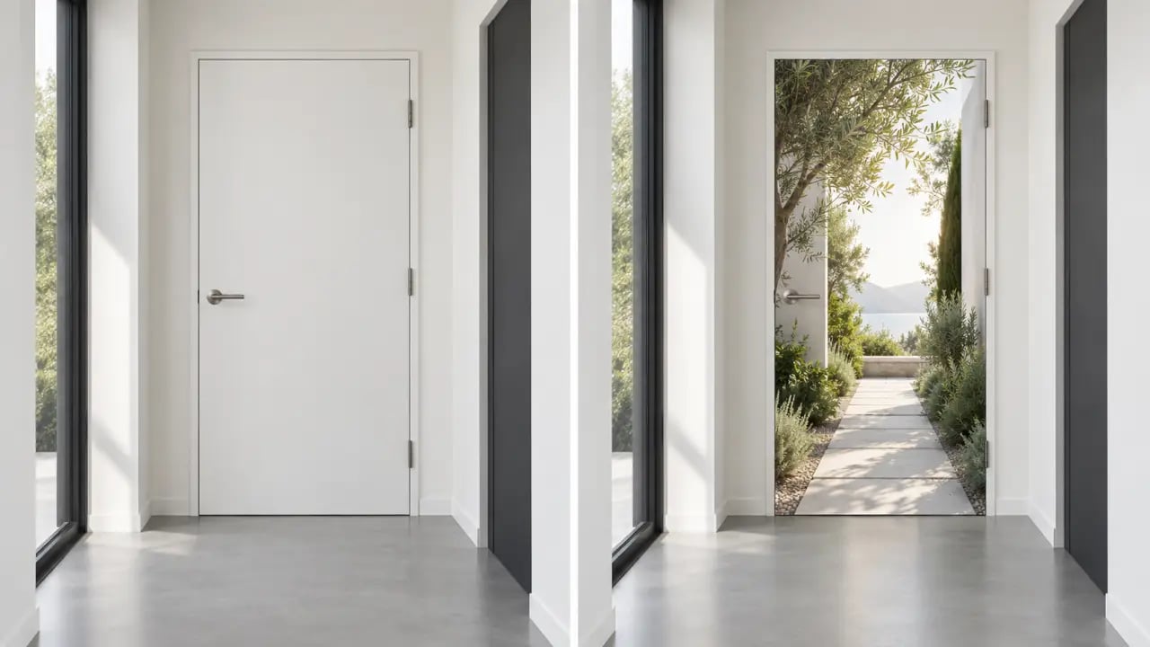 Avant-après d’une décoration porte intérieure avec habillage panoramique