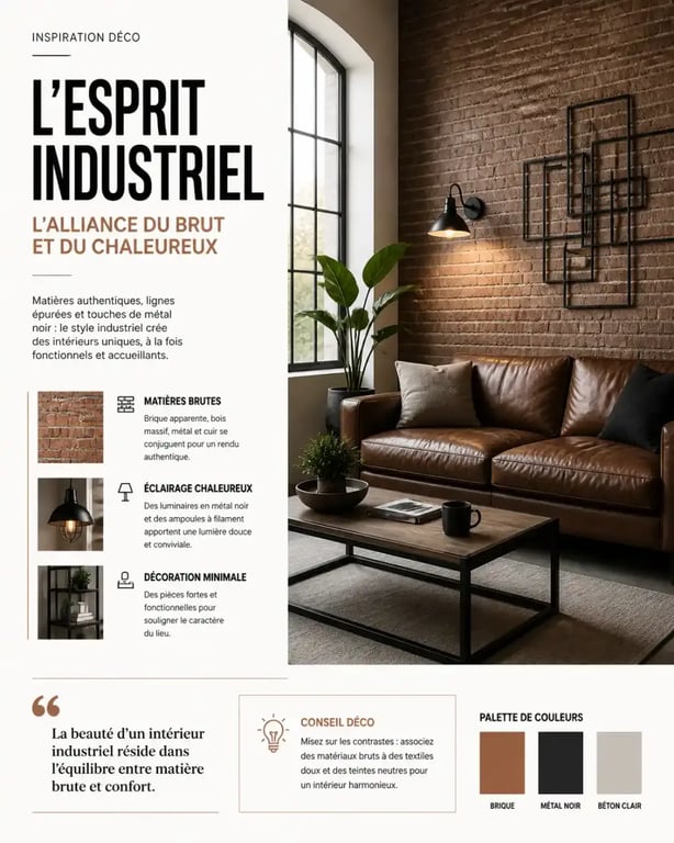 Salon avec deco murale industrielle en briques et métal