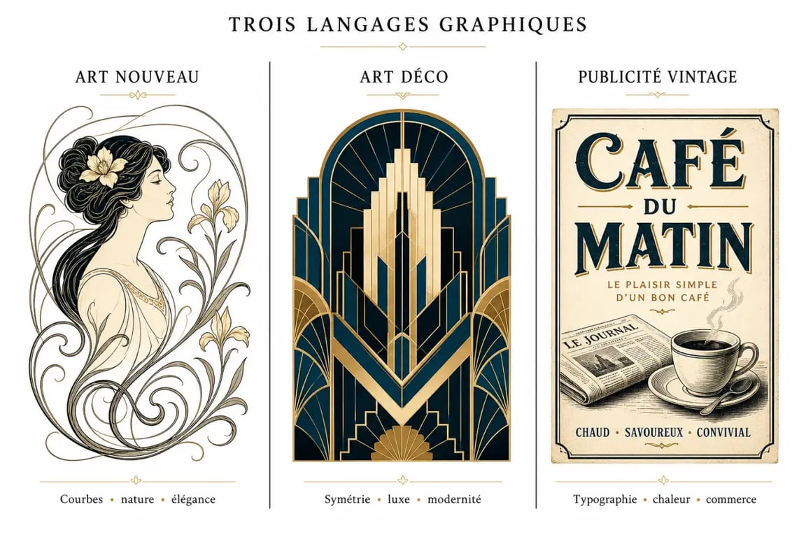 Affiche art nouveau comparée à l’Art déco et au vintage publicitaire dans un visuel éditorial